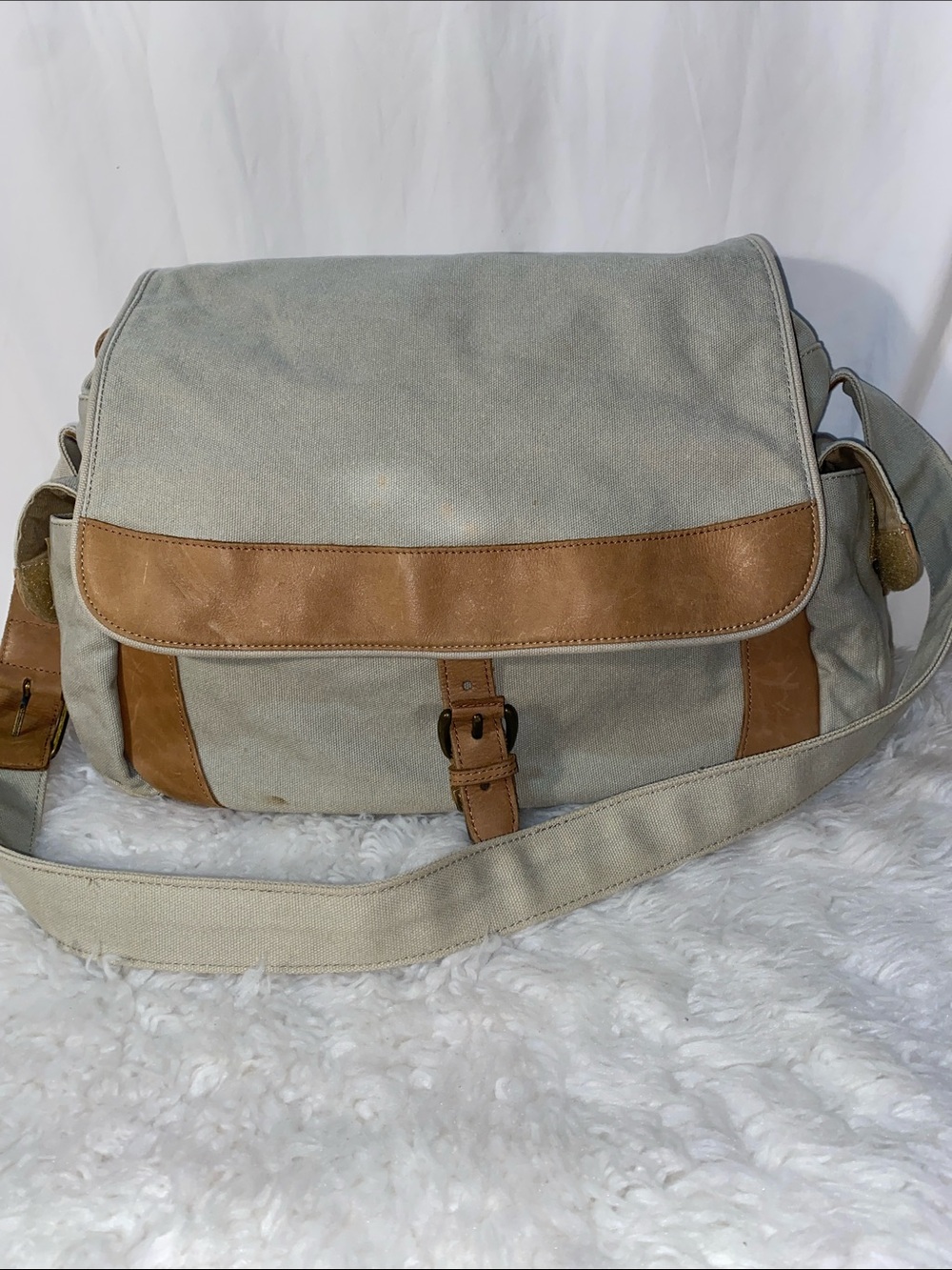 L.L. Bean Canvas Messenger Bag in Light Gray with Tan Leather Trim